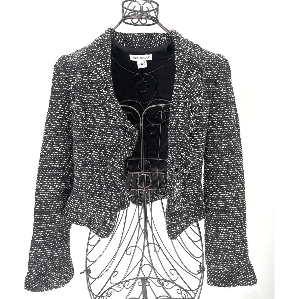 Judy Lee Cole Size 6 Cropped Wool Mohair Jacket Black White Textured Knit tweed